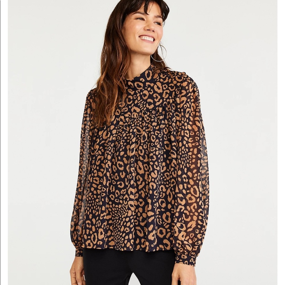 Ann Taylor Animal Print Shirred Turtleneck Top